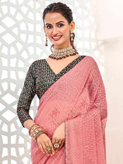 Women's Brasso Pink Printed Designer Saree With Blouse Piece