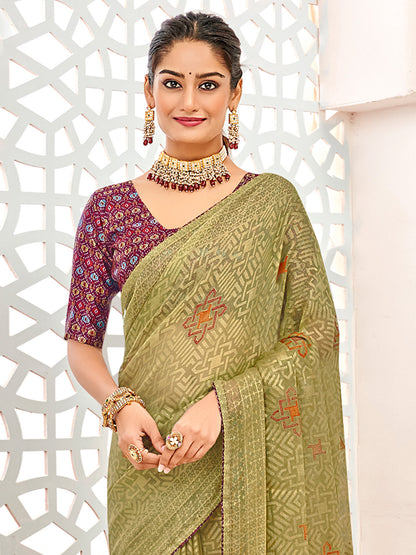 Women's Brasso Olive Printed Designer Saree With Blouse Piece