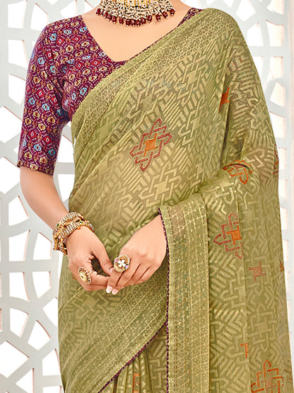 Women's Brasso Olive Printed Designer Saree With Blouse Piece