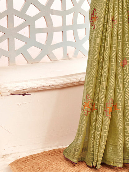 Women's Brasso Olive Printed Designer Saree With Blouse Piece