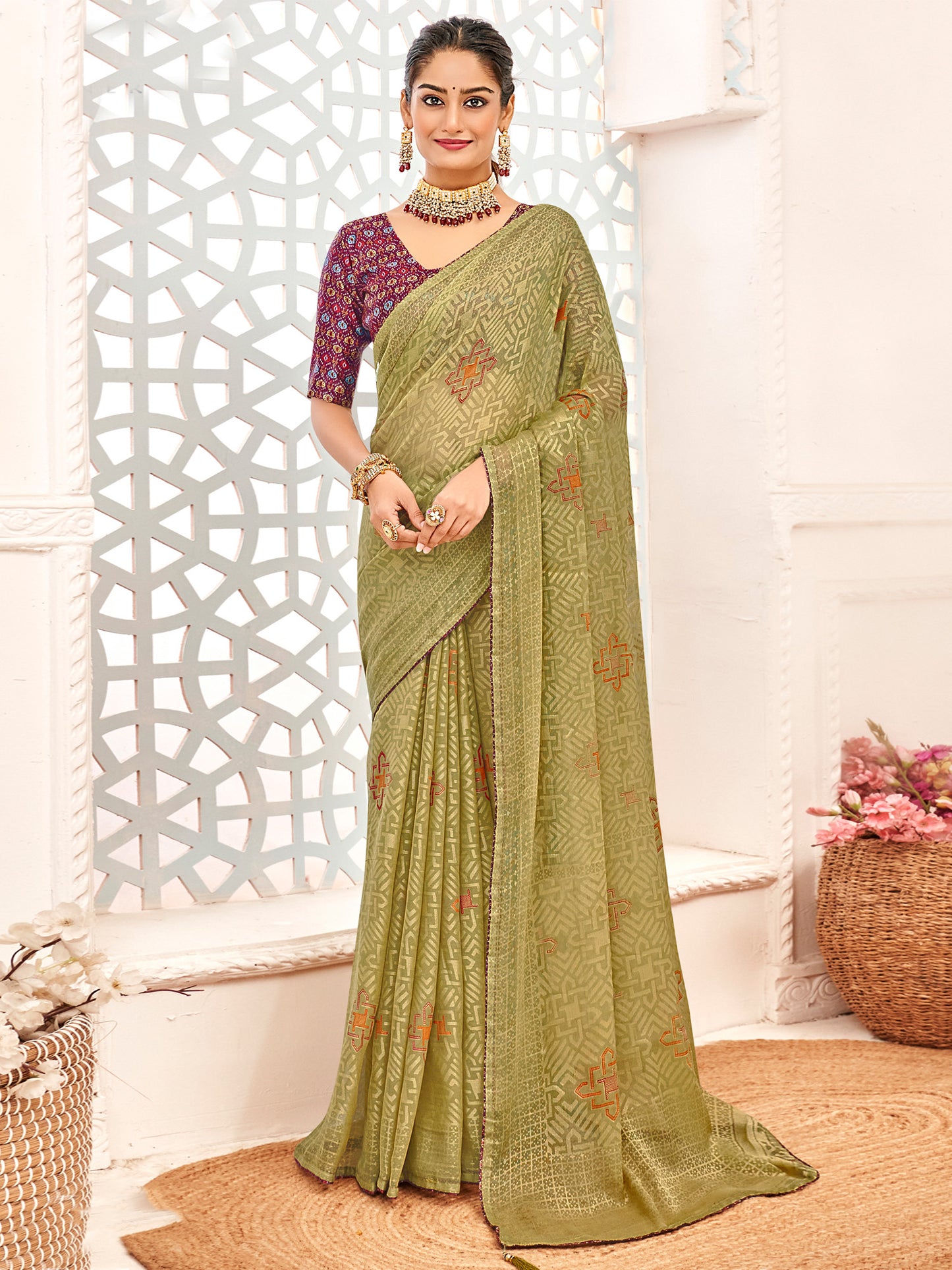 Women's Brasso Olive Printed Designer Saree With Blouse Piece
