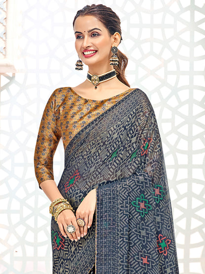 Women's Brasso Navy Blue Printed Designer Saree With Blouse Piece