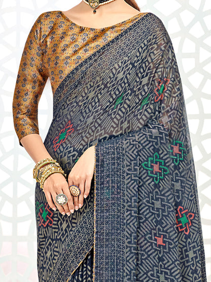 Women's Brasso Navy Blue Printed Designer Saree With Blouse Piece