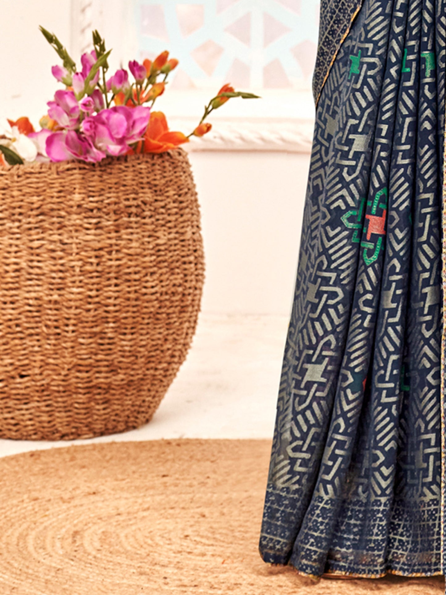 Women's Brasso Navy Blue Printed Designer Saree With Blouse Piece