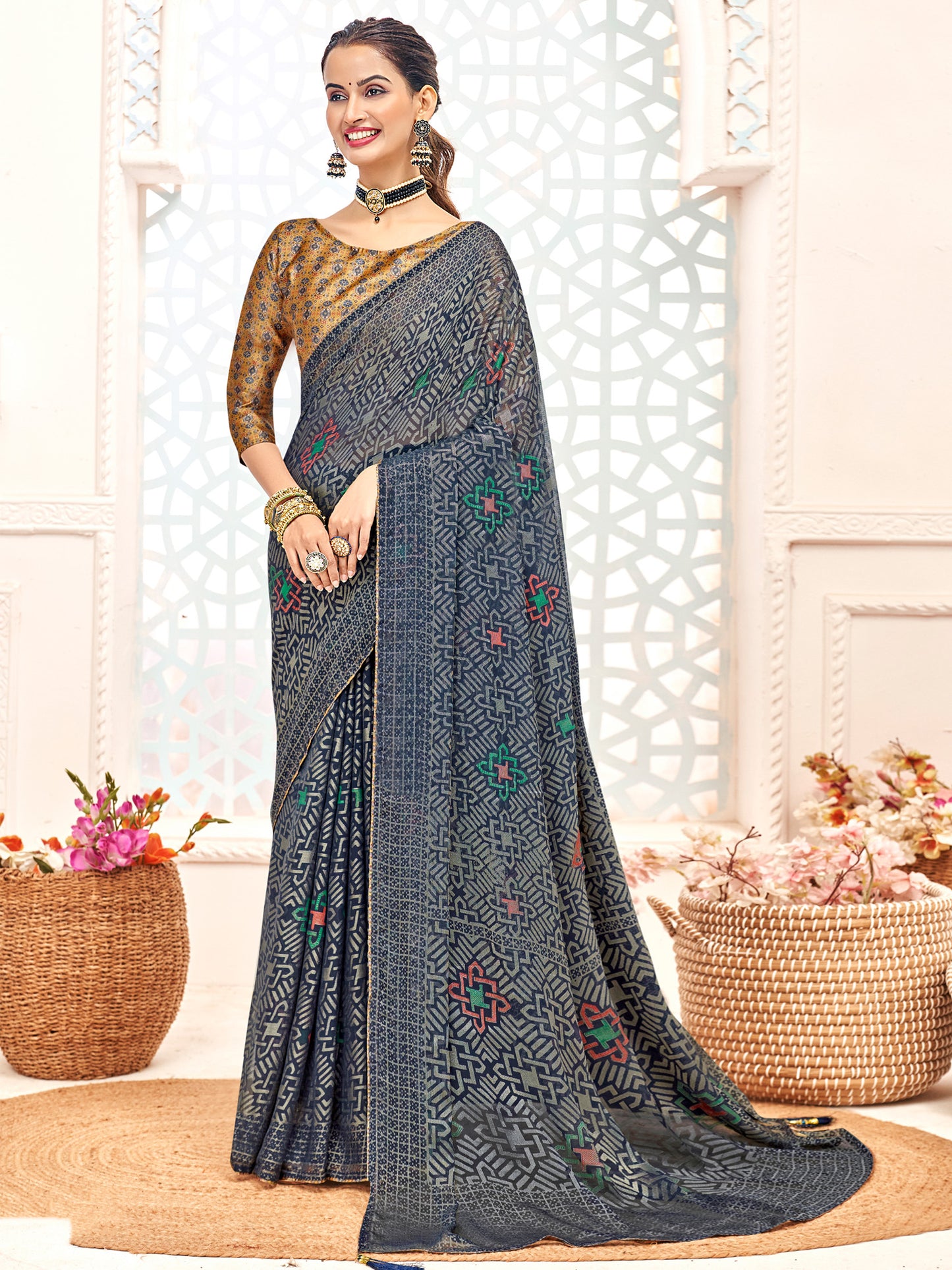 Women's Brasso Navy Blue Printed Designer Saree With Blouse Piece