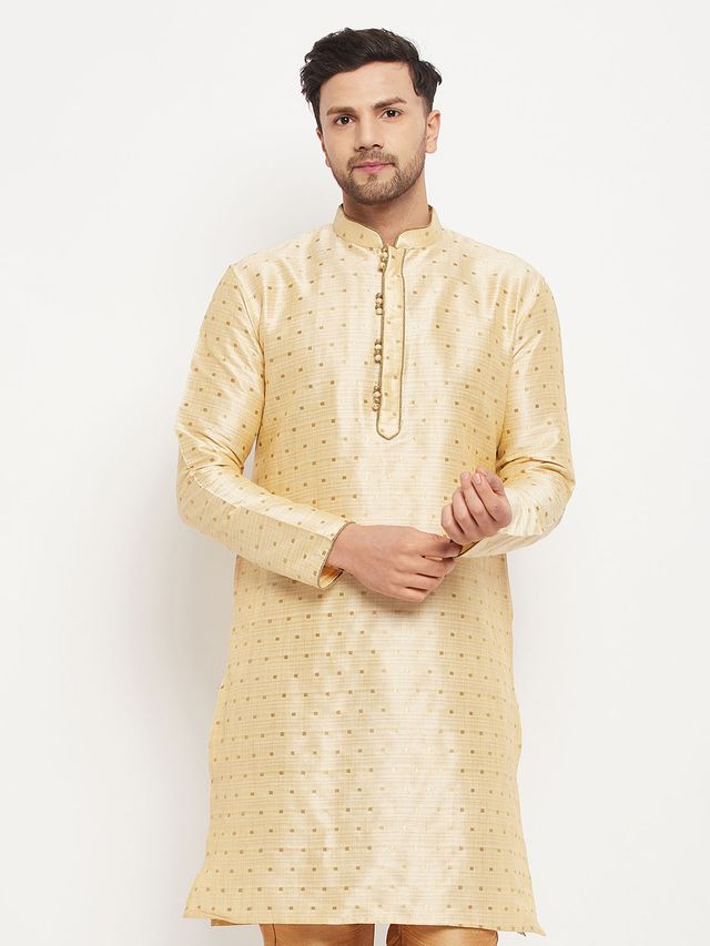 Men's Gold Silk Blend Straight Kurta Pyjama Set