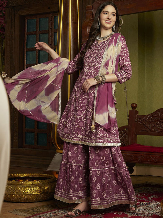 Dhiyona SN Women's Floral Printed Pleated Mirror Work Pure Cotton Kurta with Sharara & Dupatta