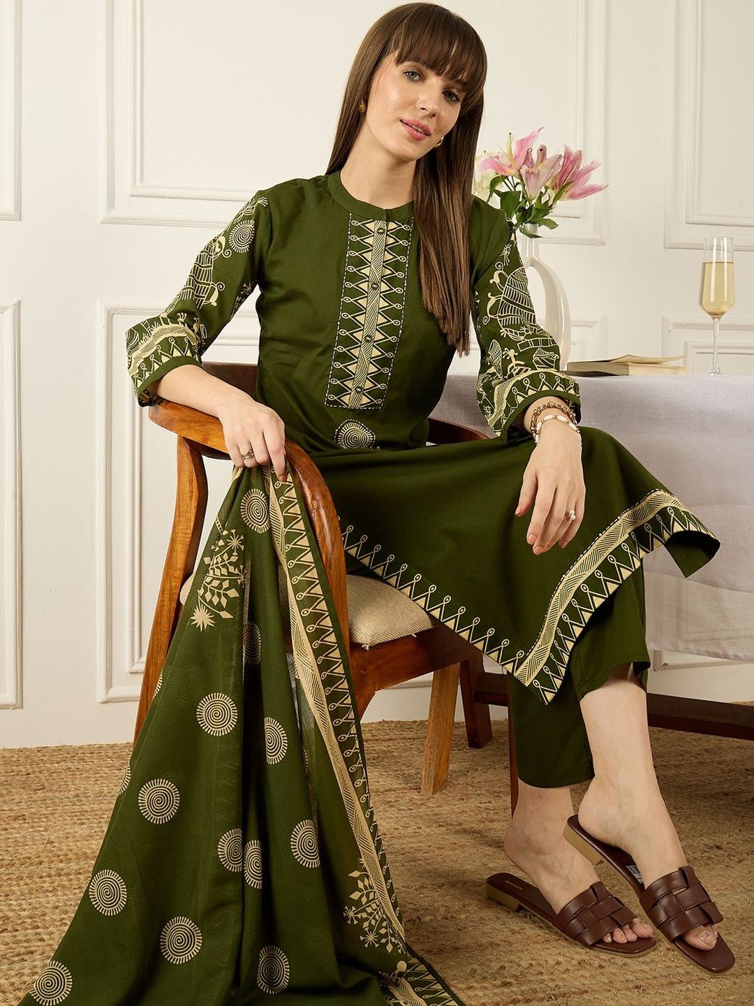 Floral Printed Thread Work Pure Cotton Kurta With Palazzos & Dupatta