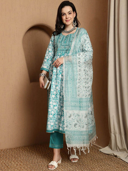 Dhiyona SN Women's Floral Printed Pure Cotton Anarkali Kurta & Trousers With Dupatta