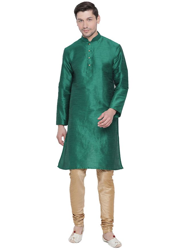 Men's Green Silk Blend Straight Kurta Pyjama Set