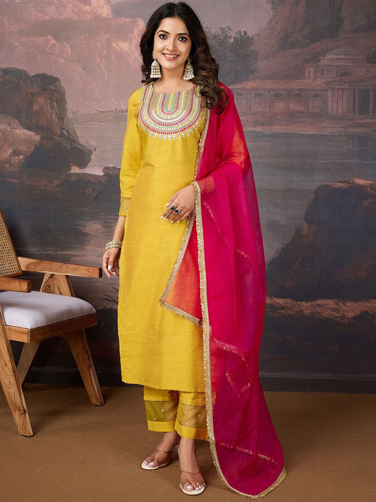 Dhiyona PD Women Embroidered Straight Kurta & Trousers With Dupatta