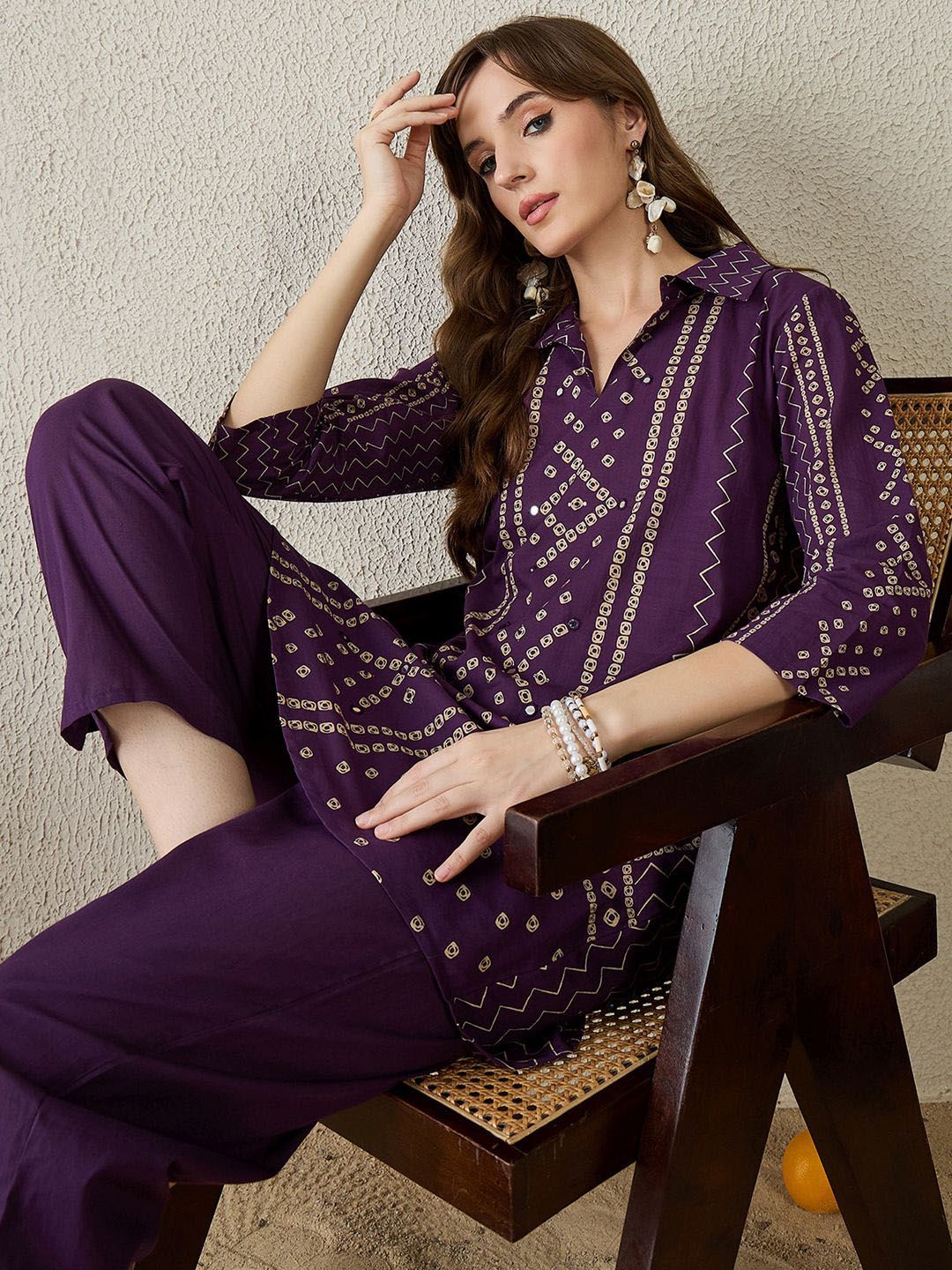 Dhiyona IE Bhandani Printed Pure Cotton Shirt Collar Top With Trousers Co-Ords