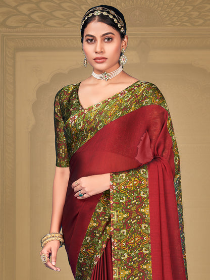 Women's Chiffon Maroon Printed Designer Saree With Blouse Piece
