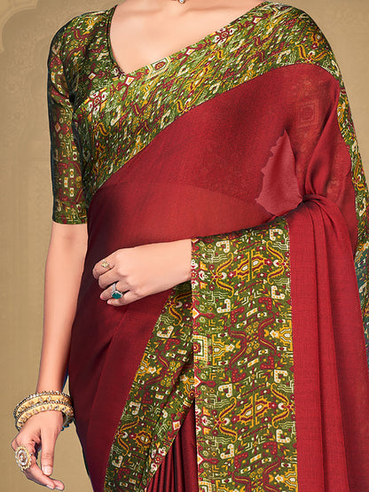 Women's Chiffon Maroon Printed Designer Saree With Blouse Piece