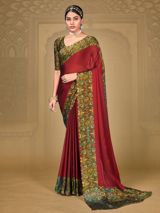 Women's Chiffon Maroon Printed Designer Saree With Blouse Piece