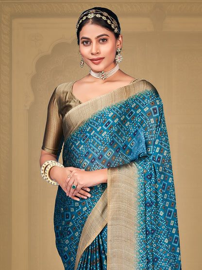 Women's Chiffon Blue Printed Designer Saree With Blouse Piece