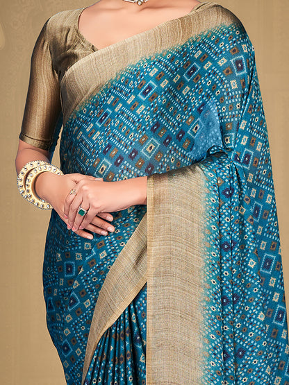 Women's Chiffon Blue Printed Designer Saree With Blouse Piece