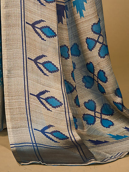 Women's Chiffon Blue Printed Designer Saree With Blouse Piece
