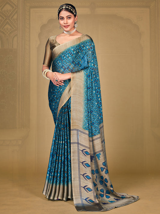 Women's Chiffon Blue Printed Designer Saree With Blouse Piece