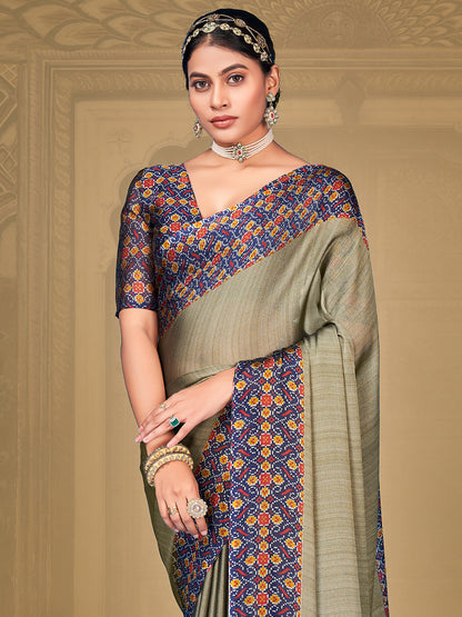 Women's Chiffon Grey Printed Designer Saree With Blouse Piece