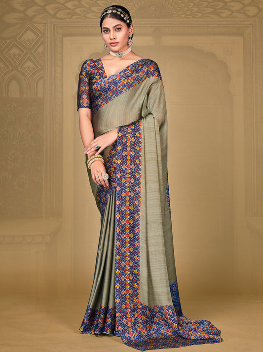 Women's Chiffon Grey Printed Designer Saree With Blouse Piece