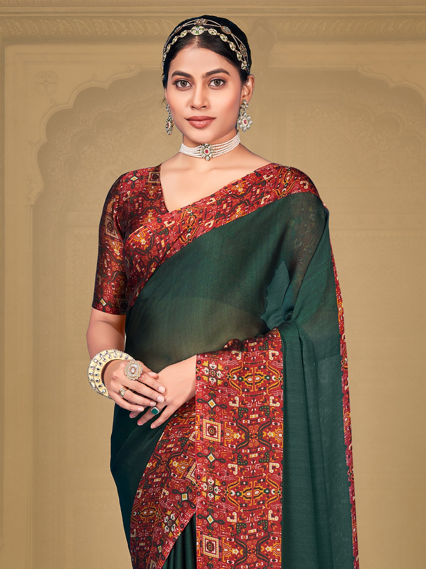 Women's Chiffon Green Printed Designer Saree With Blouse Piece
