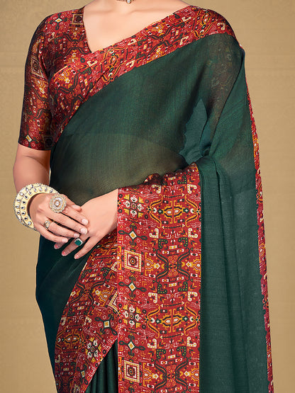Women's Chiffon Green Printed Designer Saree With Blouse Piece