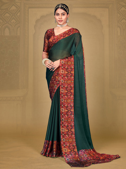 Women's Chiffon Green Printed Designer Saree With Blouse Piece