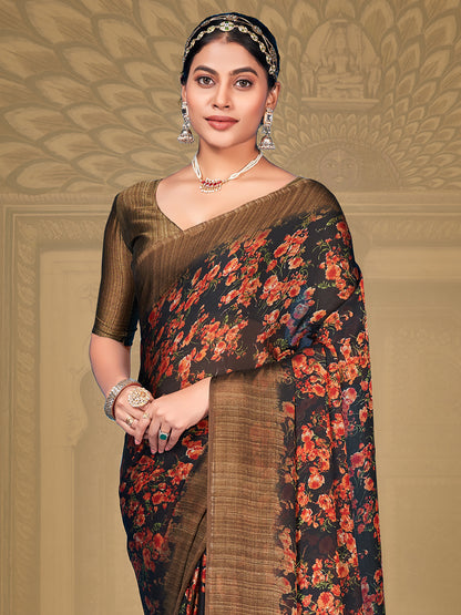 Women's Chiffon Navy Blue Printed Designer Saree With Blouse Piece