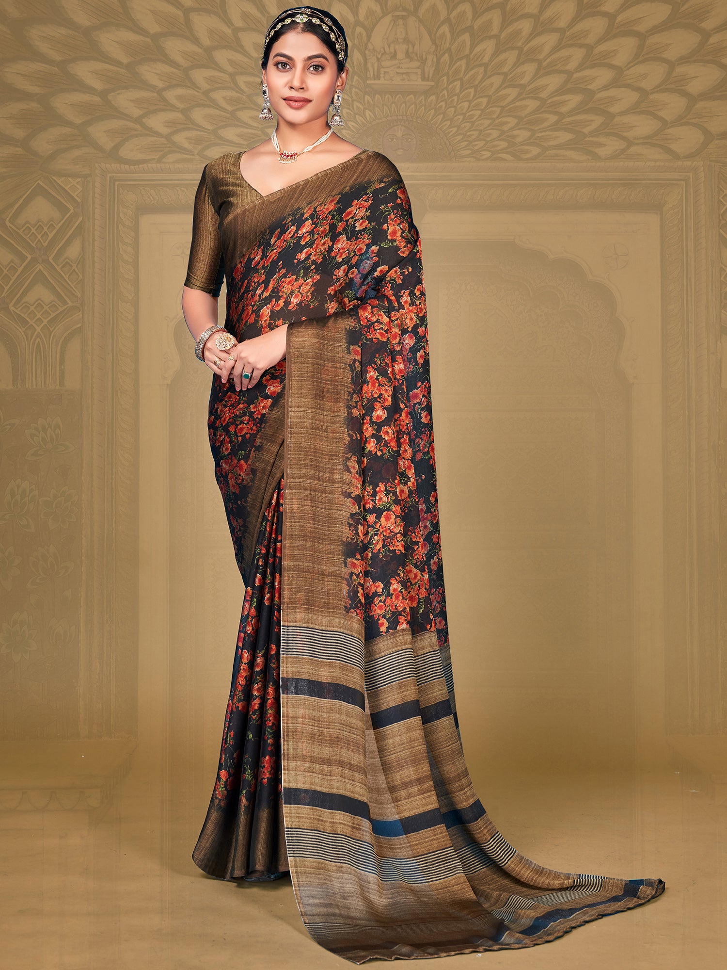 Women's Chiffon Navy Blue Printed Designer Saree With Blouse Piece