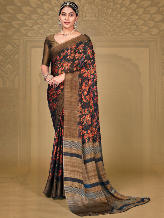 Women's Chiffon Navy Blue Printed Designer Saree With Blouse Piece