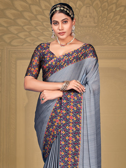 Women's Chiffon Grey Printed Designer Saree With Blouse Piece