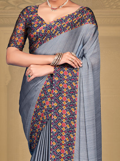 Women's Chiffon Grey Printed Designer Saree With Blouse Piece