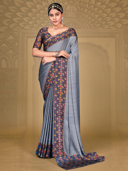 Women's Chiffon Grey Printed Designer Saree With Blouse Piece