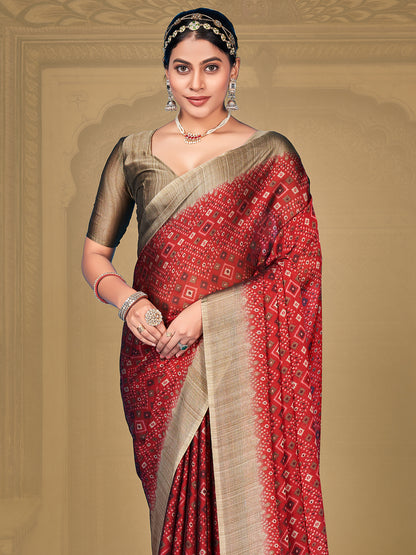 Women's Chiffon Maroon Printed Designer Saree With Blouse Piece
