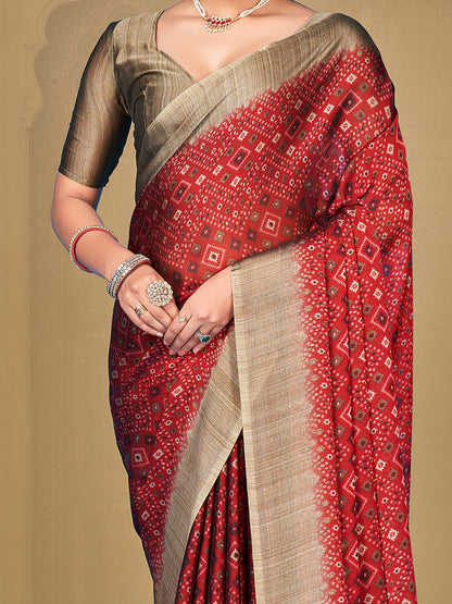 Women's Chiffon Maroon Printed Designer Saree With Blouse Piece