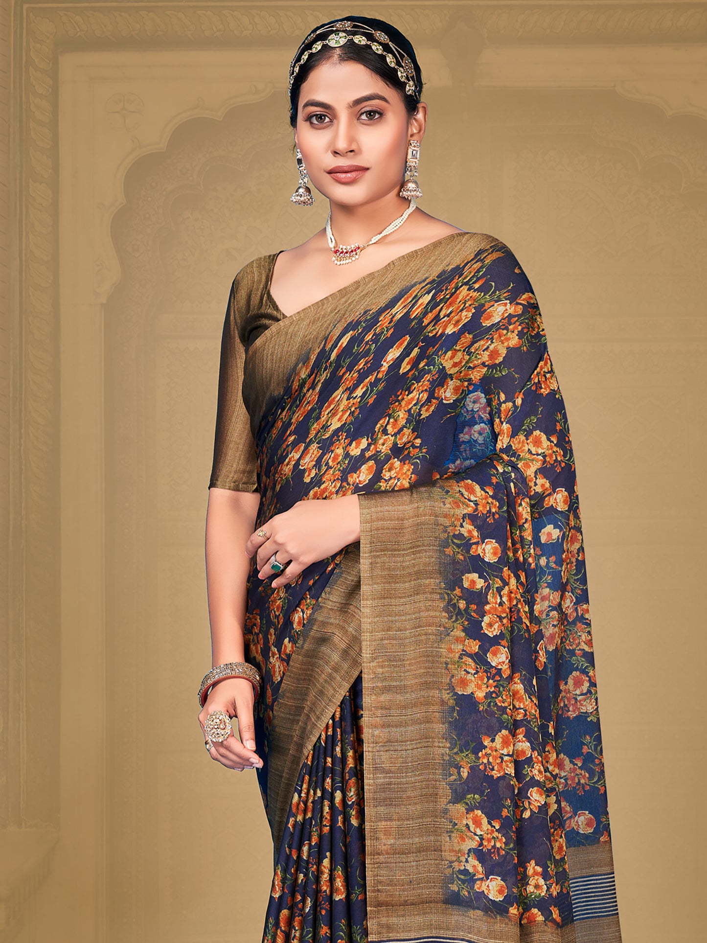 Women's Chiffon Navy Blue Printed Designer Saree With Blouse Piece