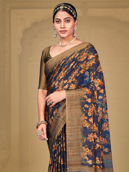 Women's Chiffon Navy Blue Printed Designer Saree With Blouse Piece