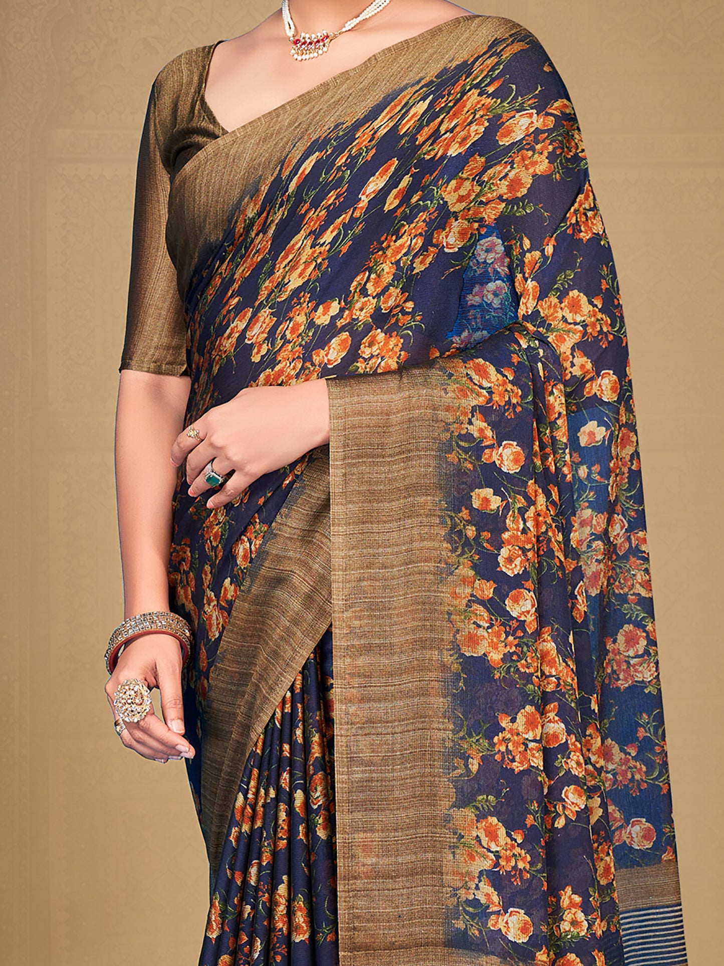 Women's Chiffon Navy Blue Printed Designer Saree With Blouse Piece