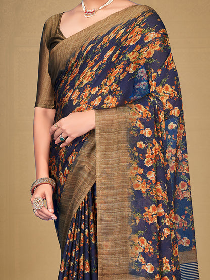 Women's Chiffon Navy Blue Printed Designer Saree With Blouse Piece