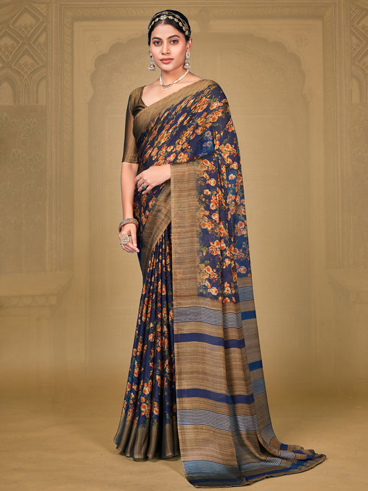Women's Chiffon Navy Blue Printed Designer Saree With Blouse Piece