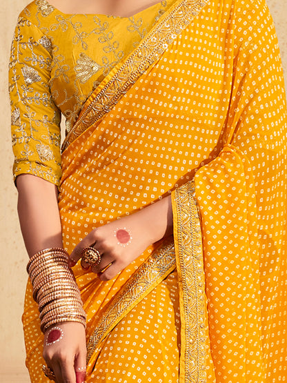 Women's Georgette Yellow Zari Embroidered Designer Saree With Blouse Piece