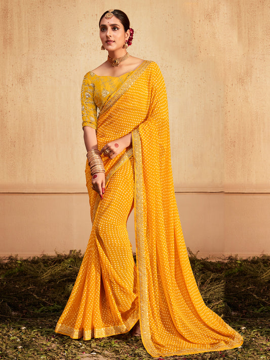 Women's Georgette Yellow Zari Embroidered Designer Saree With Blouse Piece
