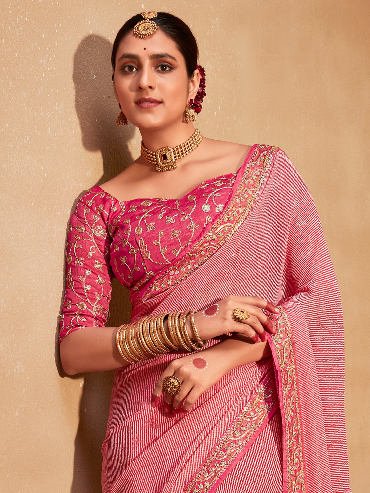 Women's Georgette Pink Zari Embroidered Designer Saree With Blouse Piece