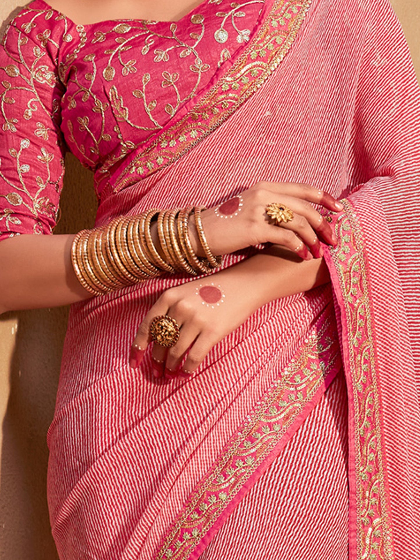 Women's Georgette Pink Zari Embroidered Designer Saree With Blouse Piece