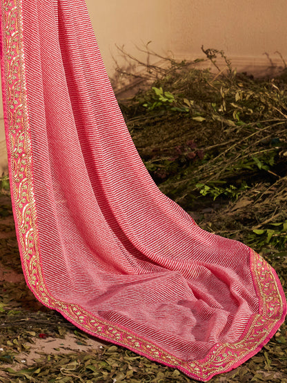 Women's Georgette Pink Zari Embroidered Designer Saree With Blouse Piece
