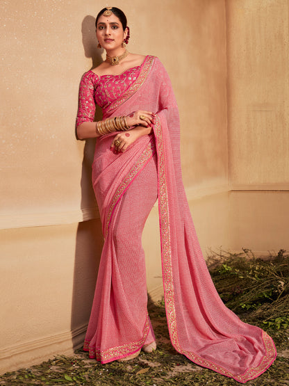 Women's Georgette Pink Zari Embroidered Designer Saree With Blouse Piece