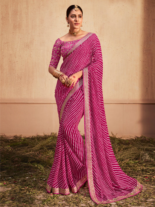 Women's Georgette Magenta Zari Embroidered Designer Saree With Blouse Piece