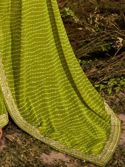 Women's Georgette Green Zari Embroidered Designer Saree With Blouse Piece