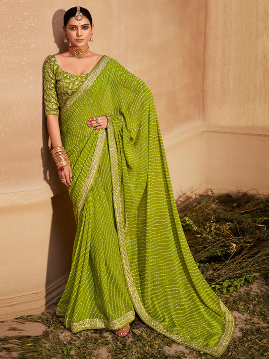 Women's Georgette Green Zari Embroidered Designer Saree With Blouse Piece